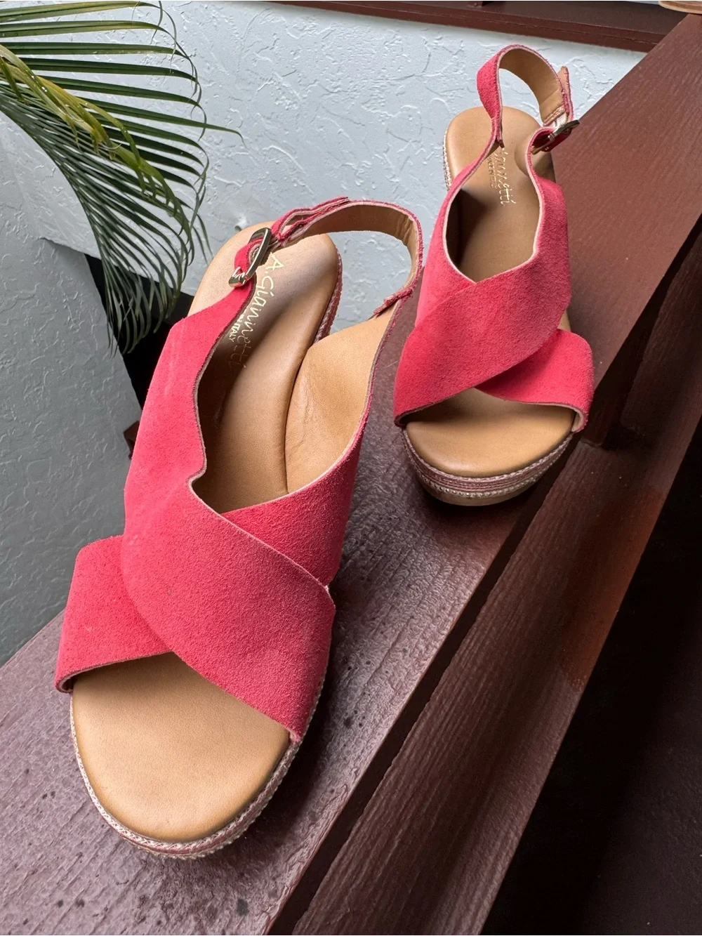 A. Giannetti Coral Dark Coral Suede Cork Wedge Sandals